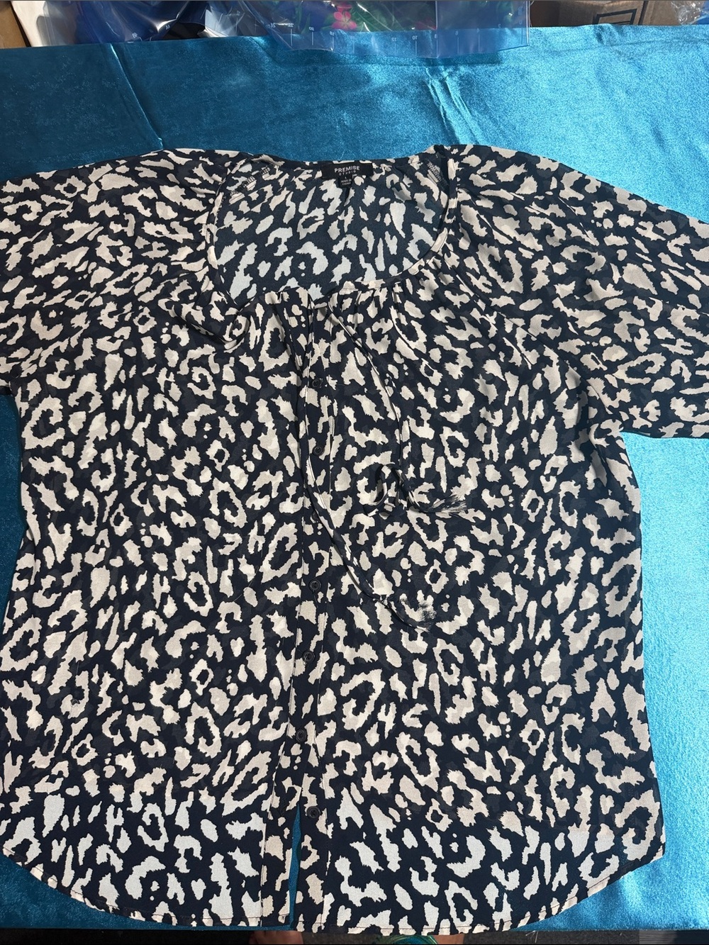 Premise Studio Navy and Cream Animal-Print Top